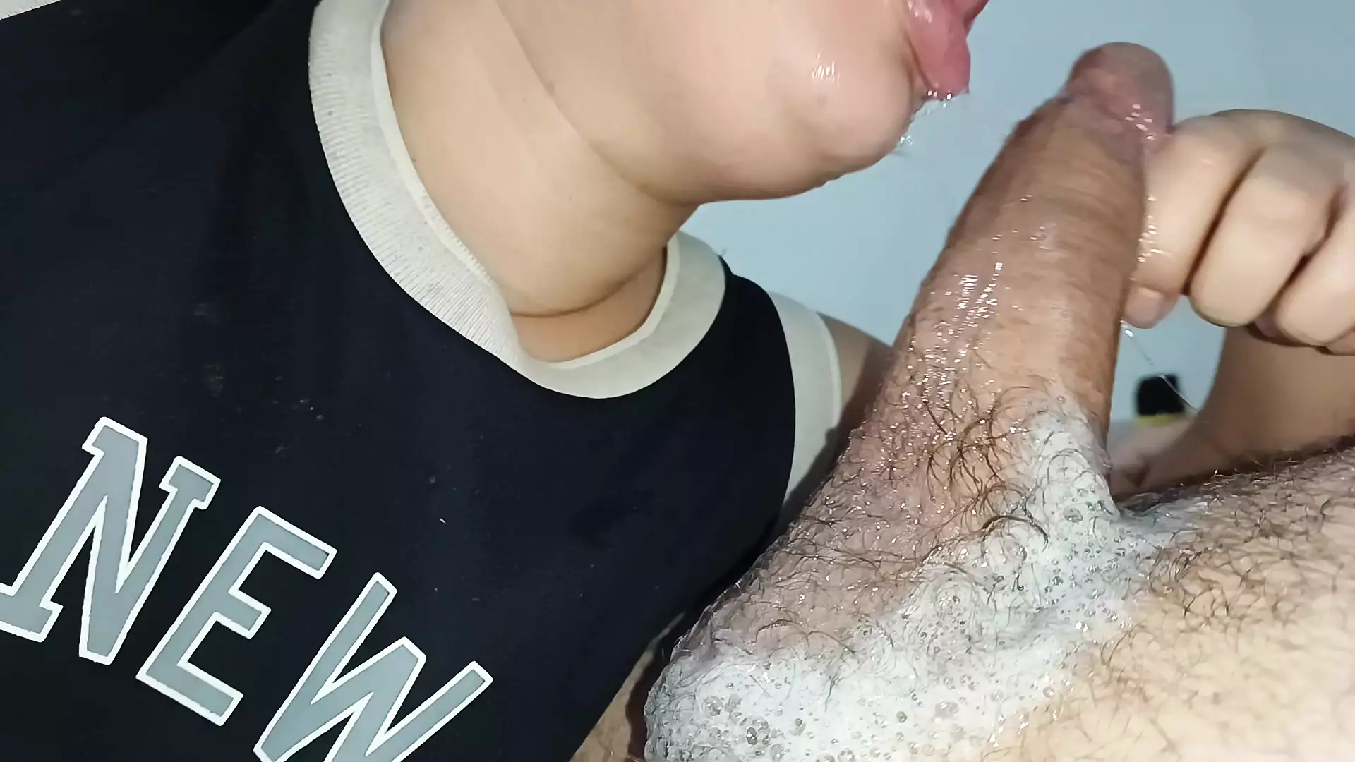 EXTREME CLOSE UP, see a little mouth wetting swallowing a hard cock