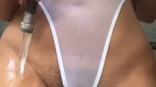 Huge Natural Boob Mama in a See-Through Swimsuit