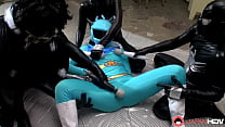 Japanese girl in blue space uniform has group sex with sex toys uncensored.