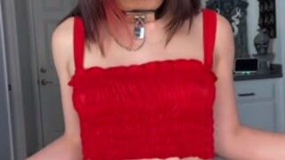 Brunette in red crop top stripping naked on TikTok