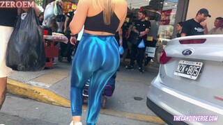 Blonde big ass in blue leggings