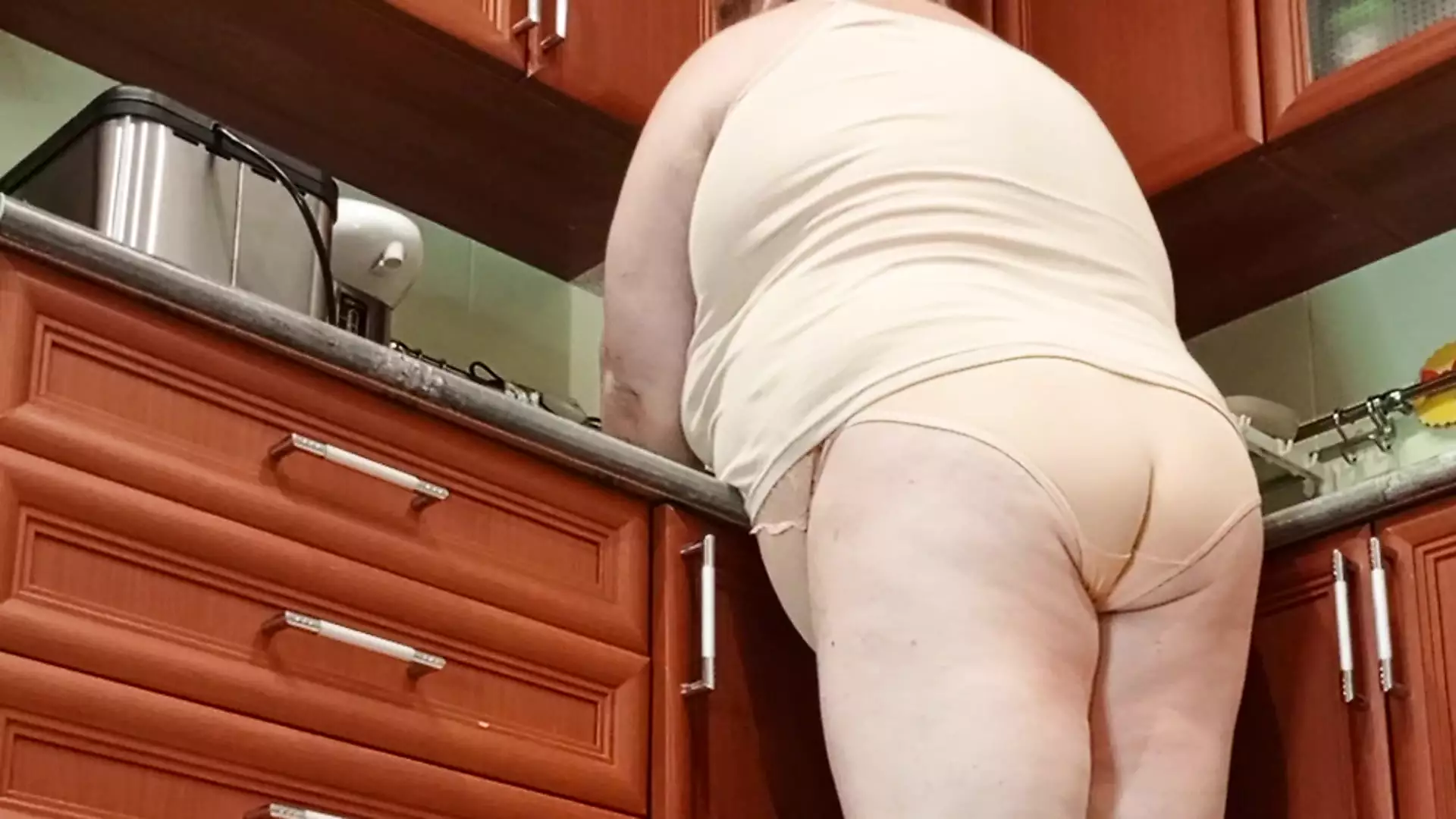 hot cum in stepmom's mouth after jerking off a dick in the kitchen