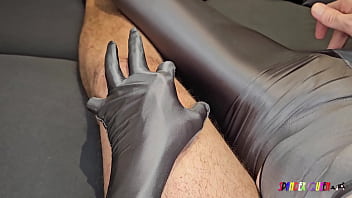 SpandexQueen sucks dick, comes twice and drains his balls on her gray spandex body