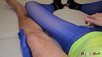 SpandexQueen comes twice and makes him cum on her blue nylon leggings   neon spandex shirt