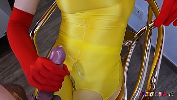 SpandexQueen comes three times and makes him cum on her yellow spandex suit